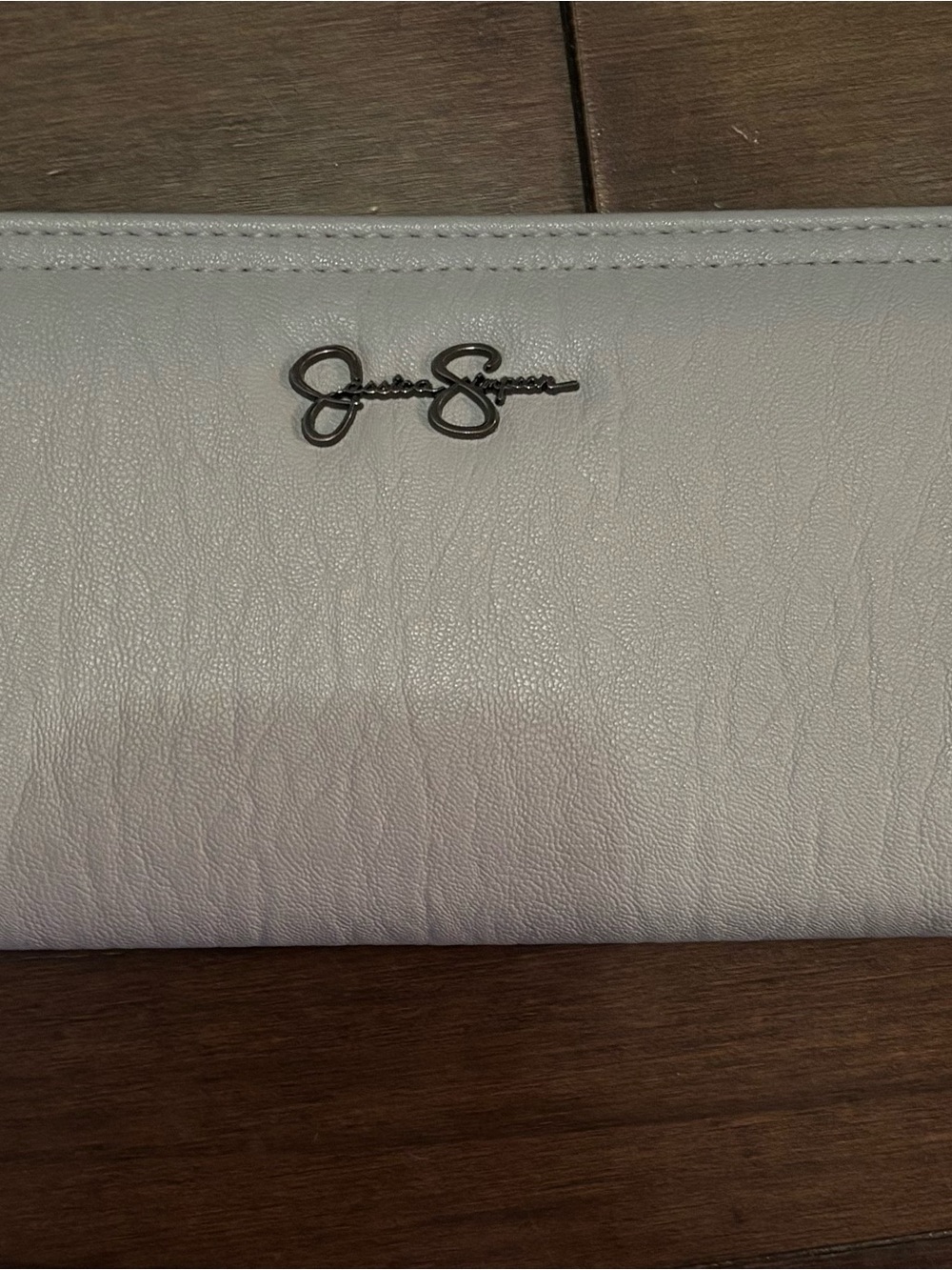 Jessica Simpson White Leather Wristlet Clutch with Silver Logo